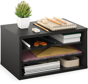 File Organizer, 3-Tier Document Paper Sorter, Stackable Wood Desk Organizer, Mail Sorter and Monitor Stand with Storage Shelves, Black File Organizer, 3-Tier Document Paper Sorter, Stackable Wood Desk Organizer, Mail Sorter and Monitor Stand with Storage Shelves, Black
