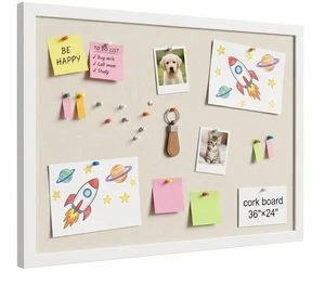 Cork Board with Pine Wood Frame, White Bulletin Board, Linen Surface 36" x 24" Wall Mounted Pin Board for Home Office, Kitchen, Classroom, White Cork Board with Pine Wood Frame, White Bulletin Board, Linen Surface 36" x 24" Wall Mounted Pin Board for Home Office, Kitchen, Classroom, White