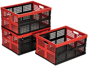 34L Large Plastic Folding Storage Crates,Collapsible Crates for Storage,Pack of 3 (Black+Red) 34L Large Plastic Folding Storage Crates,Collapsible Crates for Storage,Pack of 3 (Black+Red)