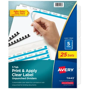 ® Index Maker® Clear Label Dividers, 5-Tab, Unpunched, 25 Sets For Organizing Reports and Presentations, White Laser and Inkjet, Reinforced Tear-Resistant Edges, Any Binding System ® Index Maker® Clear Label Dividers, 5-Tab, Unpunched, 25 Sets For Organizing Reports and Presentations, White Laser and Inkjet, Reinforced Tear-Resistant Edges, Any Binding System