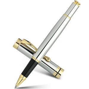 Rollerball Pen, Stunning Bright Silver Chrome with Golden Trim Best Gift Set for Men & Women, Premium, Journaling, Office, Nice Pens-Gift Box with 0.5mm Black Extra Refill Rollerball Pen, Stunning Bright Silver Chrome with Golden Trim Best Gift Set for Men & Women, Premium, Journaling, Office, Nice Pens-Gift Box with 0.5mm Black Extra Refill