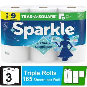 Sparkle Tear-A-Square Paper Towels, 3 Triple Rolls, 165 Sheets per Roll Sparkle Tear-A-Square Paper Towels, 3 Triple Rolls, 165 Sheets per Roll