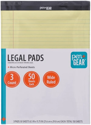 Pen+Gear Wide Ruled Legal Pads, 8.5" x 11.75", 50 Sheets Each, 3-Pack, Canary Pen+Gear Wide Ruled Legal Pads, 8.5" x 11.75", 50 Sheets Each, 3-Pack, Canary