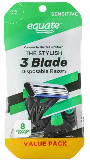 Equate Men's 3-Blade Sensitive Disposable Razors, 8 Count, Green and Black Equate Men's 3-Blade Sensitive Disposable Razors, 8 Count, Green and Black
