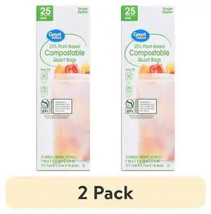 Great Value 25% Plant-Based Compostable Quart Bags, 2 Pack, 25 Count Great Value 25% Plant-Based Compostable Quart Bags, 2 Pack, 25 Count