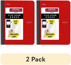 2-Pack Five Star Composition Book Plus Study App, Wide Ruled, 7.5" x 9.75", Fire Red, Poly, 80 Sheets 2-Pack Five Star Composition Book Plus Study App, Wide Ruled, 7.5" x 9.75", Fire Red, Poly, 80 Sheets