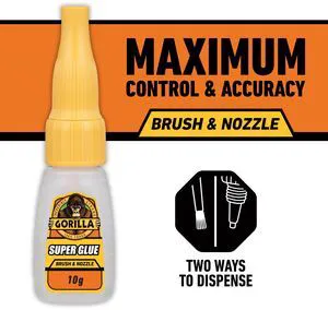 Gorilla Super Glue Brush & Nozzle 10g, Fast Drying Impact Tough Adhesive Gorilla Super Glue Brush & Nozzle 10g, Fast Drying Impact Tough Adhesive