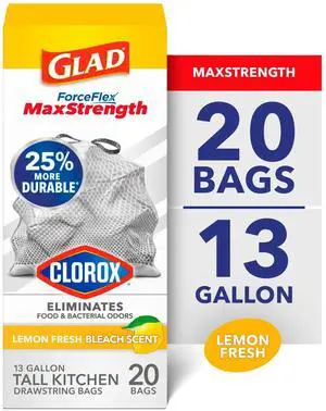 Glad ForceFlex MaxStrength 13-Gallon Drawstring Tall Kitchen Bags, Lemon Fresh Bleach Scent, 20 Bags Glad ForceFlex MaxStrength 13-Gallon Drawstring Tall Kitchen Bags, Lemon Fresh Bleach Scent, 20 Bags