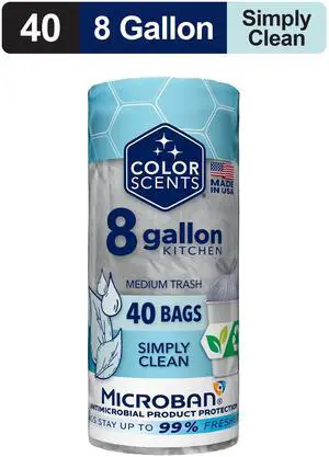 Color Scents Medium Drawstring Trash Bags, 8-Gallon, 40 Count, Simply Clean Scent, Microban Protection Color Scents Medium Drawstring Trash Bags, 8-Gallon, 40 Count, Simply Clean Scent, Microban Protection