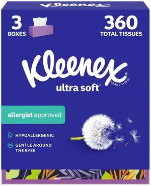 Kleenex Ultra Soft 3-Ply Flat Box Facial Tissues, 3-Pack (360 Tissues) Kleenex Ultra Soft 3-Ply Flat Box Facial Tissues, 3-Pack (360 Tissues)