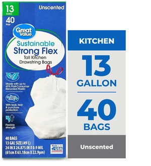Great Value 13Gal 40Count Sustainable Strong Flex Tall Kitchen Trash Bags Great Value 13Gal 40Count Sustainable Strong Flex Tall Kitchen Trash Bags