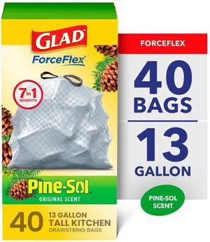 Glad ForceFlex 13-Gallon Drawstring Tall Kitchen Trash Bags, Pine-Sol Original Scent, 40 Bags Glad ForceFlex 13-Gallon Drawstring Tall Kitchen Trash Bags, Pine-Sol Original Scent, 40 Bags