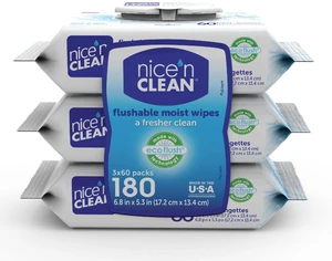 Nice N Clean Plant-Based Flushable Wet Wipes, 3 Flip-Top Packs (180 Wipes) Nice N Clean Plant-Based Flushable Wet Wipes, 3 Flip-Top Packs (180 Wipes)