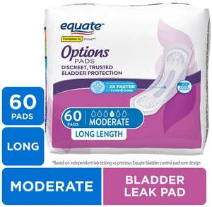 Equate Options Women's Incontinence Pads, Moderate Absorbency, Long Length, 60 Count Equate Options Women's Incontinence Pads, Moderate Absorbency, Long Length, 60 Count
