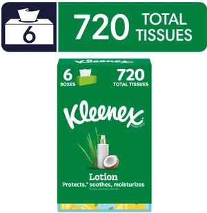 Kleenex 3-Ply Lotion with Coconut Oil Flat Box Facial Tissues, 6 Pack (720 Tissues) Kleenex 3-Ply Lotion with Coconut Oil Flat Box Facial Tissues, 6 Pack (720 Tissues)