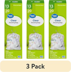 Great Value Clear Drawstring Tall Kitchen Bags, 3Pack, 13Gal, Unscented, 20Bags Great Value Clear Drawstring Tall Kitchen Bags, 3Pack, 13Gal, Unscented, 20Bags