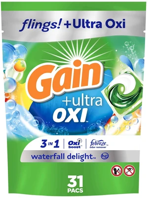 Gain Flings Ultra Oxi Laundry Detergent Pacs, Waterfall Delight Scent, 31 Count Gain Flings Ultra Oxi Laundry Detergent Pacs, Waterfall Delight Scent, 31 Count