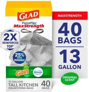 Glad ForceFlex MaxStrength 13-Gallon Drawstring Tall Trash Bags, Gain Original Scent, 40 Bags Glad ForceFlex MaxStrength 13-Gallon Drawstring Tall Trash Bags, Gain Original Scent, 40 Bags