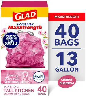 Glad ForceFlex MaxStrength 13-Gallon Pink Drawstring Tall Kitchen Trash Bags, Febreze Freshness Cherry Blossom Scent, 40 Bags Glad ForceFlex MaxStrength 13-Gallon Pink Drawstring Tall Kitchen Trash Bags, Febreze Freshness Cherry Blossom Scent, 40 Bags