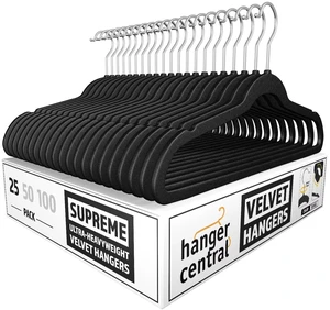 Hanger Central 25-Pack 17-Inch Black Velvet Clothes Hangers with Swivel Hook Hanger Central 25-Pack 17-Inch Black Velvet Clothes Hangers with Swivel Hook