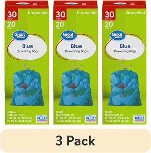 Great Value 30-Gallon Drawstring Large Bags, Unscented, Blue, 3 Pack, 20 Bags Great Value 30-Gallon Drawstring Large Bags, Unscented, Blue, 3 Pack, 20 Bags