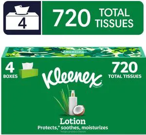 Kleenex Lotion with Coconut Oil 3-Ply Flat Box Facial Tissues 4 Pack (720 Total Tissues) Kleenex Lotion with Coconut Oil 3-Ply Flat Box Facial Tissues 4 Pack (720 Total Tissues)