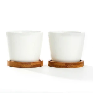 K-Cliffs White Modern Oval Ceramic Succulent Pots with Bamboo Tray, Set of 2, Pot 3.5Dia x 2.6H in, Saucer 3.5Dia x 0.5H in K-Cliffs White Modern Oval Ceramic Succulent Pots with Bamboo Tray, Set of 2, Pot 3.5Dia x 2.6H in, Saucer 3.5Dia x 0.5H in