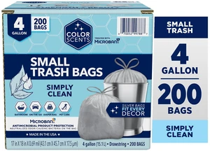 Color Scents 4 Gallon Bathroom Trash Bags, Simply Clean Scent, Microban, Drawstring, 200 Count Color Scents 4 Gallon Bathroom Trash Bags, Simply Clean Scent, Microban, Drawstring, 200 Count