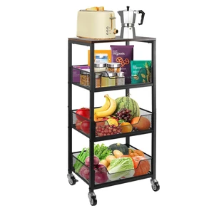 4-Tier Rolling Storage Cart with Wood Top, Mobile Metal Mesh Utility Cart with Lockable Wheels, Multi-Purpose Storage Organizer for Kitchen, Bathroom, Bedroom 4-Tier Rolling Storage Cart with Wood Top, Mobile Metal Mesh Utility Cart with Lockable Wheels, Multi-Purpose Storage Organizer for Kitchen, Bathroom, Bedroom