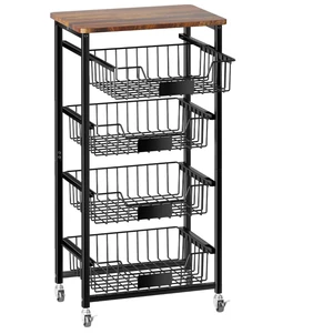 4-Tier Rolling Storage Cart with Wood Top, Pull-out Metal Mesh Utility Cart, Lockable Wheels & 4 PE Sheets, Mobile Kitchen Pantry Organizer for Fruit, Snack, Vegetables 4-Tier Rolling Storage Cart with Wood Top, Pull-out Metal Mesh Utility Cart, Lockable Wheels & 4 PE Sheets, Mobile Kitchen Pantry Organizer for Fruit, Snack, Vegetables