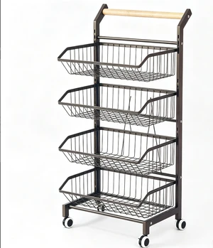 4-Tier Rolling Kitchen Storage Cart with Removable Wire Baskets, Mobile Utility Cart with Wooden Handle & Lockable Wheels, Multi-Purpose Organizer for Kitchen Pantry 4-Tier Rolling Kitchen Storage Cart with Removable Wire Baskets, Mobile Utility Cart with Wooden Handle & Lockable Wheels, Multi-Purpose Organizer for Kitchen Pantry