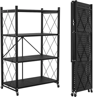 4-Tier Foldable Metal Storage Shelving Unit with Lockable Wheels, No Assembly Required, 90 lbs Per Tier, Black Rolling Organizer Rack for Kitchen, Pantry, Garage, Living Room 4-Tier Foldable Metal Storage Shelving Unit with Lockable Wheels, No Assembly Required, 90 lbs Per Tier, Black Rolling Organizer Rack for Kitchen, Pantry, Garage, Living Room