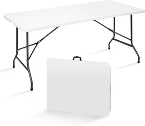 6FT Heavy Duty Plastic Folding Table, Portable Fold-in-Half Dining Table with Carry Handle, Indoor & Outdoor Table for Party, Banquet, Picnic, Camping 6FT Heavy Duty Plastic Folding Table, Portable Fold-in-Half Dining Table with Carry Handle, Indoor & Outdoor Table for Party, Banquet, Picnic, Camping
