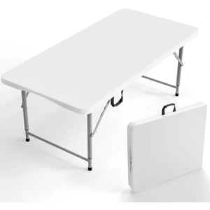 48 Inch Fold-in-Half Plastic Folding Table, 3 Adjustable Heights Heavy Duty Portable Table with Carry Handle, White, Indoor Outdoor Dining Picnic Camping Trade Show 48 Inch Fold-in-Half Plastic Folding Table, 3 Adjustable Heights Heavy Duty Portable Table with Carry Handle, White, Indoor Outdoor Dining Picnic Camping Trade Show