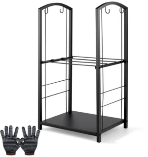 Firewood Log Rack, Heavy Duty Wrought Iron Fireplace Wood Storage Holder, 2-Tier Firewood Stacking Stand with Hooks, Indoor Outdoor Black Firewood Rack for Fire Pit, Fireplace, Wood Stove Firewood Log Rack, Heavy Duty Wrought Iron Fireplace Wood Storage Holder, 2-Tier Firewood Stacking Stand with Hooks, Indoor Outdoor Black Firewood Rack for Fire Pit, Fireplace, Wood Stove