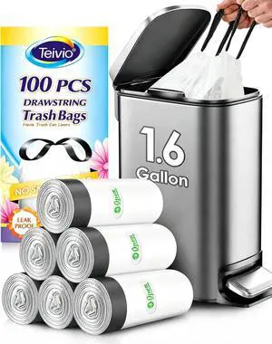 1.6 Gallon 100 Counts Small Drawstring Trash Bags by , Fit1.2,1.3,1.5 Gallon Bathroom Trash Can Bin Liners, 5-6 Liter Small Plastic Garbage Bags for home office kitchen, White 1.6 Gallon 100 Counts Small Drawstring Trash Bags by , Fit1.2,1.3,1.5 Gallon Bathroom Trash Can Bin Liners, 5-6 Liter Small Plastic Garbage Bags for home office kitchen, White