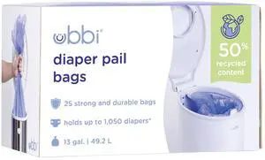Diaper Pail Plastic Bags, 13-Gallon Capacity, Single Pack, 25 Count | Disposable Baby Waste Bags, Made from 50% Recycled Material, Each Bag Holds Up To 50 Newborn Diapers Diaper Pail Plastic Bags, 13-Gallon Capacity, Single Pack, 25 Count | Disposable Baby Waste Bags, Made from 50% Recycled Material, Each Bag Holds Up To 50 Newborn Diapers