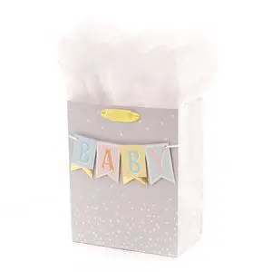 9" Medium Baby Gift Bag with Tissue Paper (Banner on Grey) | Ideal for baby showers, gender reveal, Silver dots, foil accents, yellow ribbon handle, 2 tissue sheets, 7.8 x 9.6 in 9" Medium Baby Gift Bag with Tissue Paper (Banner on Grey) | Ideal for baby showers, gender reveal, Silver dots, foil accents, yellow ribbon handle, 2 tissue sheets, 7.8 x 9.6 in