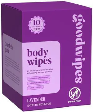 Body Wipes, Really Big for All Over, Made with Aloe, Plant Based and Hypoallergenic, Wipe Away Sweat and Odor, For Face and Body-Lavender, 10 Count Body Wipes, Really Big for All Over, Made with Aloe, Plant Based and Hypoallergenic, Wipe Away Sweat and Odor, For Face and Body-Lavender, 10 Count
