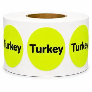 Turkey Stickers, 3/4 Inch Round Food Labels for Deli, 500/Roll | Fluorescent Yellow Stickers for Turkey Sandwiches, Wraps, Wrappers, Takeout Orders, Restaurants and Food Trucks. Made in USA Turkey Stickers, 3/4 Inch Round Food Labels for Deli, 500/Roll | Fluorescent Yellow Stickers for Turkey Sandwiches, Wraps, Wrappers, Takeout Orders, Restaurants and Food Trucks. Made in USA