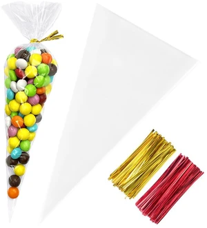 Cone Shaped Treat Bags, 5x10 in Clear Popcorn Bags with Ties 200Pcs | Cone Cellophane Bags, Clear Triangle Plastic Bags for Party Favor, Popcorn, Candy Cone Shaped Treat Bags, 5x10 in Clear Popcorn Bags with Ties 200Pcs | Cone Cellophane Bags, Clear Triangle Plastic Bags for Party Favor, Popcorn, Candy