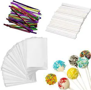 300 Pop Sticks and Wrappers Kit for CakePop, Chocolate and Cookies | Including 100ct 4-inch Papery Lollipop Treat Sticks, 100ct Clear Parcel Bags, 100ct Colorful Twist Ties 300 Pop Sticks and Wrappers Kit for CakePop, Chocolate and Cookies | Including 100ct 4-inch Papery Lollipop Treat Sticks, 100ct Clear Parcel Bags, 100ct Colorful Twist Ties