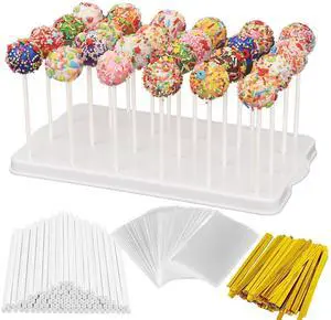 Cake Pop Stand Kit, 24 Holes Lollipop Display Holder with 100 Pcs Cake Pop Sticks, 100 Pcs Wrappers Bags, 100 Pcs Gold Twist Ties (White) Cake Pop Stand Kit, 24 Holes Lollipop Display Holder with 100 Pcs Cake Pop Sticks, 100 Pcs Wrappers Bags, 100 Pcs Gold Twist Ties (White)