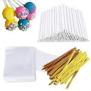 300 PCS Cake Pop Sticks and Wrappers Kit, Including 100ct 6-inch Paper Lollipop Sticks, 100ct Clear Candy Treat Bags Parcel, 100ct Gold Twist Ties for Cakepop, Lollipop, Hard Candy, Suckers, Chocolate 300 PCS Cake Pop Sticks and Wrappers Kit, Including 100ct 6-inch Paper Lollipop Sticks, 100ct Clear Candy Treat Bags Parcel, 100ct Gold Twist Ties for Cakepop, Lollipop, Hard Candy, Suckers, Chocolate