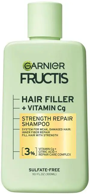Fructis Hair Filler Strength Repair Shampoo with Vitamin Cg, Sulfate Free Shampoo for Weak, Damaged Hair, 10.1 Fl Oz, 1 Count Fructis Hair Filler Strength Repair Shampoo with Vitamin Cg, Sulfate Free Shampoo for Weak, Damaged Hair, 10.1 Fl Oz, 1 Count
