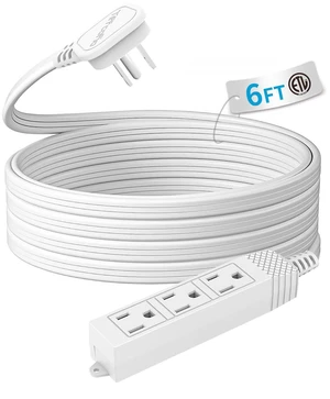 Flat Plug Extension Cord, 6 FT 3 Prong Outlet Strip, 3 Grounded Outlets for Home Office and Travel, 13A/1625W, ETL Listed Flat Plug Extension Cord, 6 FT 3 Prong Outlet Strip, 3 Grounded Outlets for Home Office and Travel, 13A/1625W, ETL Listed
