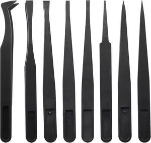 8Pcs Precision Plastic Tweezers, 4.5-4.8 Inch Anti-Static Tweezers Set with Curved and Straight Tips for Electronics Assembly, Watch Repair, Crafts Making (114-123mm, Black) 8Pcs Precision Plastic Tweezers, 4.5-4.8 Inch Anti-Static Tweezers Set with Curved and Straight Tips for Electronics Assembly, Watch Repair, Crafts Making (114-123mm, Black)