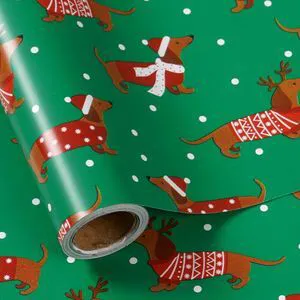 CozyNestFinds Christmas Dachshund Wrapping Paper Mini Roll, Dachshund Dressed in Festive Customes, White Snow-dot Xmas Green Design, Holiday Party Gift Wrap for Kids Boys Girls, 17 inches x 16.4 Feet CozyNestFinds Christmas Dachshund Wrapping Paper Mini Roll, Dachshund Dressed in Festive Customes, White Snow-dot Xmas Green Design, Holiday Party Gift Wrap for Kids Boys Girls, 17 inches x 16.4 Feet