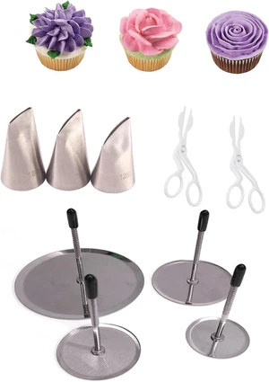 KitchenKey Icing Kit With 124k, 125k, 126k Piping Tips Set, 2 Flower Nails, 4 Lifters for Buttercream Flowers and Elegant Cake Decorations KitchenKey Icing Kit With 124k, 125k, 126k Piping Tips Set, 2 Flower Nails, 4 Lifters for Buttercream Flowers and Elegant Cake Decorations