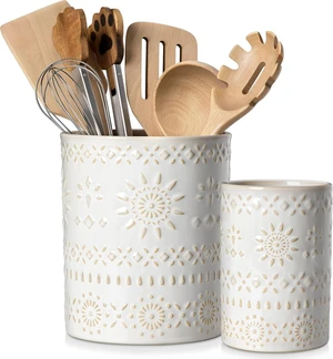 KitchenKey Utensil Holder, 7.2"+5.4" Ceramic Utensil Holder for Countertop, Large Cooking Utensil Crocks for Kitchen Counter, Farmhouse Utensil Vase for Housewarming, Kitchen Decor, Set of 2, Oasis KitchenKey Utensil Holder, 7.2"+5.4" Ceramic Utensil Holder for Countertop, Large Cooking Utensil Crocks for Kitchen Counter, Farmhouse Utensil Vase for Housewarming, Kitchen Decor, Set of 2, Oasis